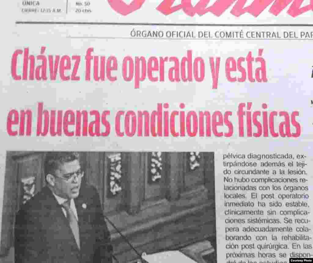 Así se enteró la opinión pública de la primera operación de Chávez, Granma del 29-2-2012. (foto del autor)