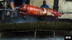 El cerdo asado, junto al arroz con frijoles y la yuca con mojo constituyen la comida tradicional cubana de fin de año.