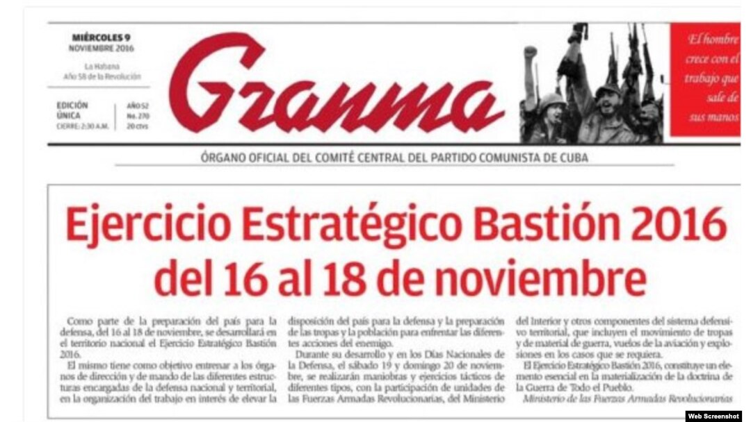 Alerta Roja: A horas del desenlace electoral en EE.UU, Granma encabeza su primera plana con las maniobras Bastión.