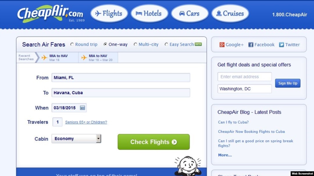La web de CheapAir permite comprar ya pasajes EEUU-Cuba vía México.