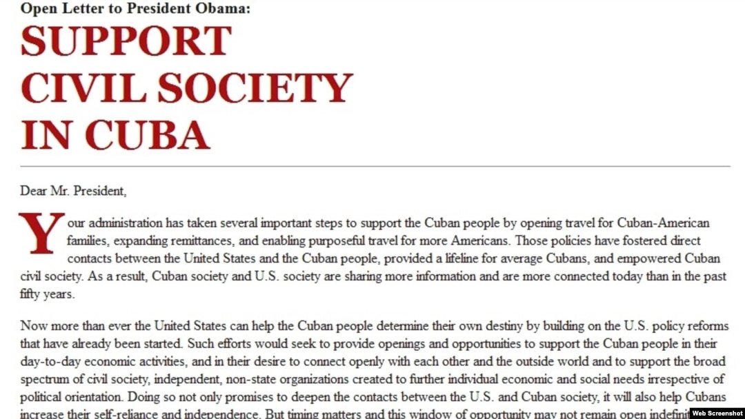 Solicitud para que el presidente Obama apoye la sociedad civil independiente en Cuba (Detlle).