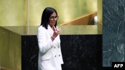 La presidenta interina de Delcy Rodríguez durante la Asamblea General de ONU, en Nueva York. (Leonardo Muñoz/AFP)