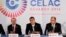El presidente dominicano, Danilo Medina; de Ecuador, Rafael Correa; y el de Costa Rica, Luis Guillermo Solís (i-d), durante una rueda de prensa en la sede de la Unión de Naciones Suramericanas, UNASUR (26 de enero, 2016).