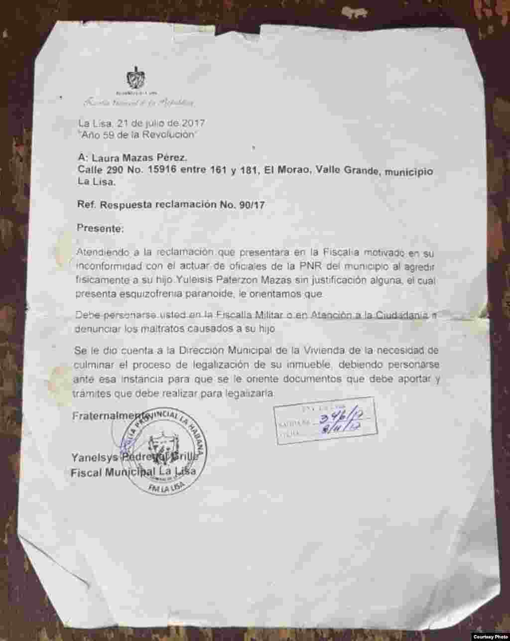 Carta de la Fiscal Municipal de La Lisa. Foto cortesía Vladimir Turró