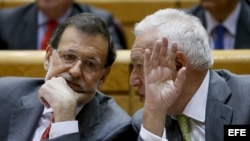 El presidente del Gobierno, Mariano Rajoy (i) conversa con el ministro de Asuntos Exteriores, José Manuel García-Margallo, durante el pleno del Senado.