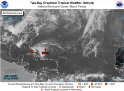 Imagen de satélite de la zona de bajas presiones, cerca de los Cayos de Florida. (NHC)