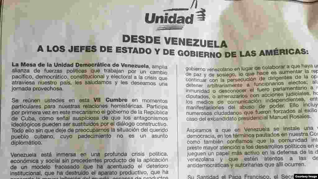 Carta del Colegio de Periodistas de Cuba en el exilio a la Cumbre.