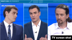 Debate pre electoral para la presidencia de España. De izquierda a derecha, Albert Rivera, Pedro Sánchez y Pablo Iglesias.