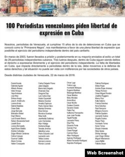 Manifiesto publicado por cien periodistas venezolanos en favor de la libertad de expresión en Cuba, a raíz del XV aniversario de la tristemente célebre Primavera Negra de 2003.