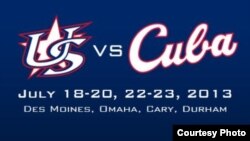 Cartel con las fechas y sedes de la primera serie amistosa de béisbol Cuba-EE.UU. desde 1996