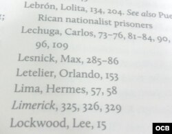 Referencia a Max Lesnik en el índice de "Back Channel to Cuba"