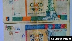 Billetes cubanos de 5 y 20 CUC (pesos convertibles).