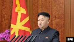  líder norcoreano Kim Jong-un durante un discurso pronunciado en Pyongyang, Corea del Norte. 