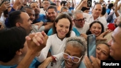 María Corina Machado a su regreso este domingo a Venezuela. 