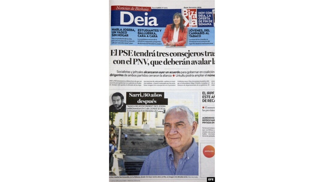 Portada del periódico Deia, con una foto del escritor y antiguo miembro de ETA Joseba Sarrionaindia