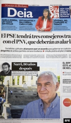Portada del periódico Deia, con una foto del escritor y antiguo miembro de ETA Joseba Sarrionaindia