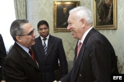 El ministro español de Asuntos Exteriores, José Manuel García-Margallo (d), saluda al viceministro de Relaciones Exteriores de Cuba, Marcelino Medina.