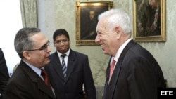 El ministro español de Asuntos Exteriores, José Manuel García-Margallo (d) saluda al viceministro de Relaciones Exteriores de Cuba, Marcelino Medina. 