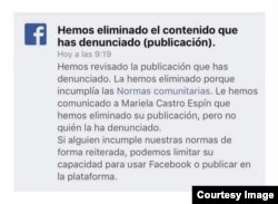 La nota de Facebook bloqueando a Mariela Castro.