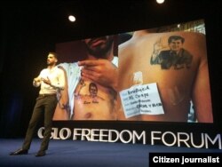 El Sexto habla en Oslo sobre su lucha por la libertad de pensamiento en Cuba.