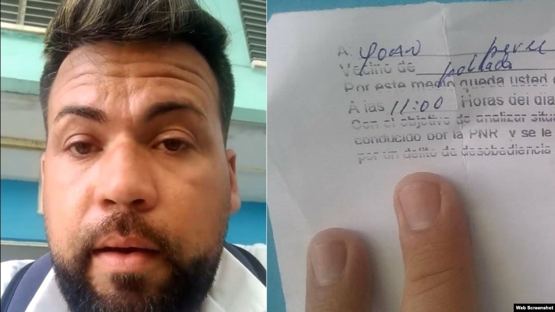 Johan Pérez Leyva. A la derecha, la citación policial que recibió. (Facebook)