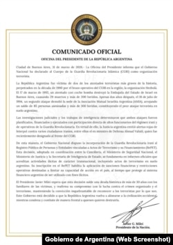 Comunicado del Gobierno de Argentina sobre la designación del Cuerpo de la Guardia Revolucionaria Islámica (CGRI) de Irán como organización terrorista.