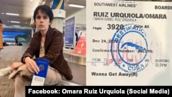 Combinación de fotografías de la activista Omara Ruiz Urquiola y una tarjeta de embarque obtenidas en las redes sociales de la activista.