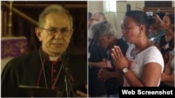 Feligreses cubanos (a la derecha) escuchan el mensaje del líder de la Iglesia Católica de Cuba, Cardenal Juan de la Caridad García Rodríguez, transmitido por la televisión cubana.