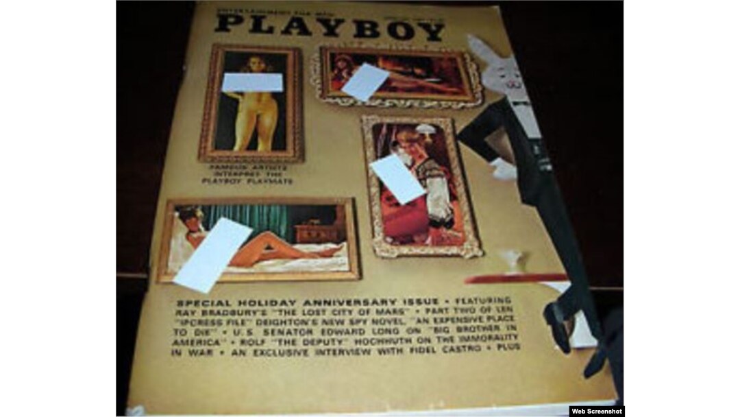 Una portada del número de enero de 1967 de "Playboy" en la se cubrieron los senos de las modelos. Abajo, se anuncia la entrevista exclusiva con Fidel Castro.