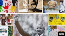 Fotografias de Nelson Mandela en un muro.