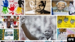 Fotografias de Nelson Mandela en un muro en las afueras del centro donde se encuentra hospitalizado. 