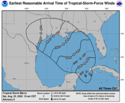 Este mapa de pronósticos del Centro Nacional de Huracanes de Estados Unidos, con sede en Miami, indica que los vientos de “Marco” se harían sentir en el extremo occidental de Cuba la tarde y la noche del sábado.