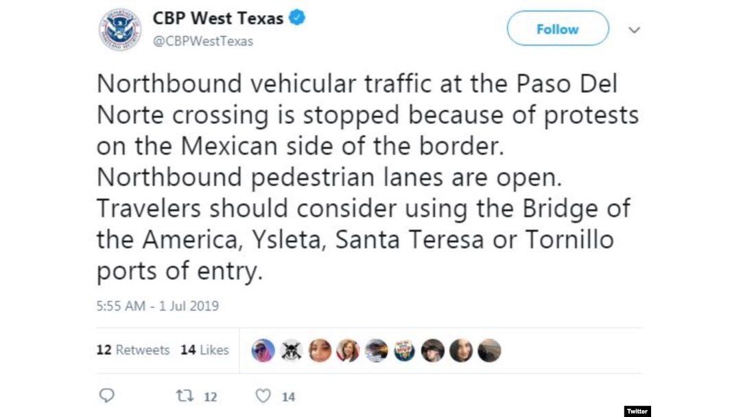 En este mensaje de Twitter, las autoridades alertaban del cierre del cruce fronterizo de El Paso Norte por la protesta.
