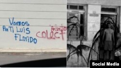 Letreros y pintadas en casas de opositores venezolanos y cubanos, respectivamente. (Twitter).