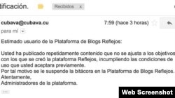 Captura de pantalla del mensaje recibido por 14ymedio informando de la suspensión de su blog. Fuente: 14ymedio.