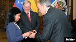 La canciller venezolana Delcy Rodríguez recibe la presidencia del Consejo Permanentede la OEA.
