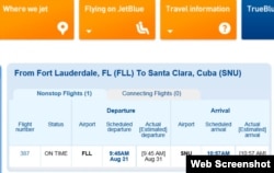 Pizarra online de JetBlue muestra salida puntual de primer vuelo comercial programado entre EEUU y Cuba.