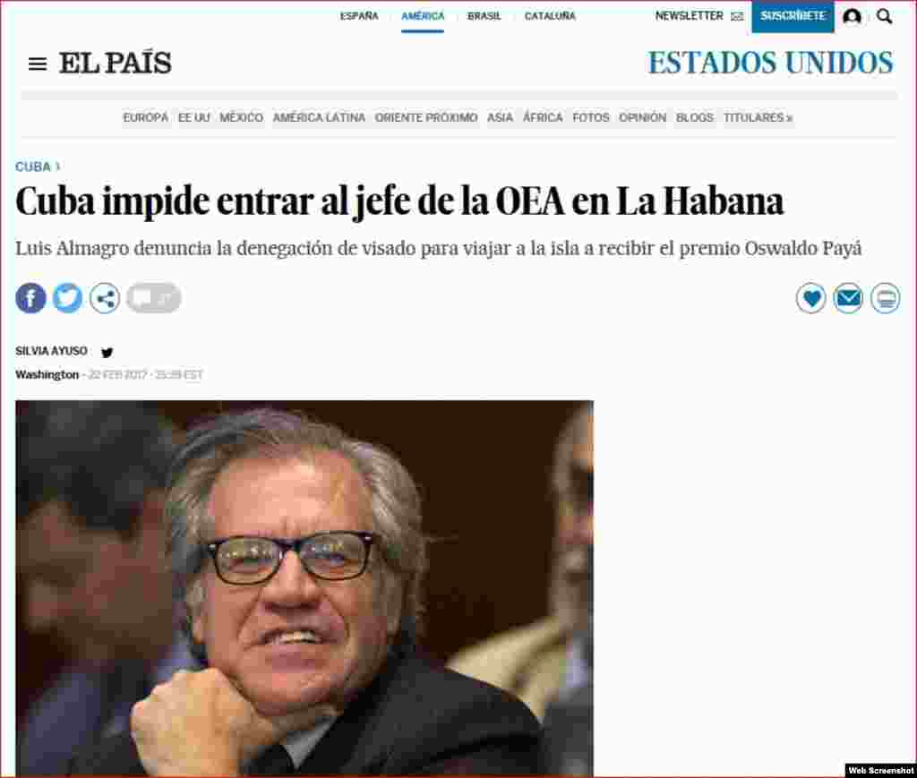 El País destaca negativa de entrada a Cuba al secretario general de la OEA, Luis Almagro.