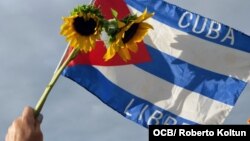 Gladiolos y la bandera cubana con la inscripción de Cuba Libre, en la manifestación en Miami en solidaridad con el Movimiento San Isidro.