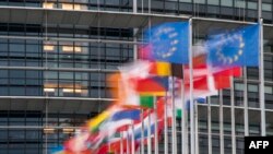 Banderas de los países miembros ondean en la sede del Parlamento Europeo, en Estrasburgo. (Sebastien Bozon/AFP)