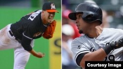 José Abreu (d) de los Medias Blancas de Chicago y José Fernandez (i) de Los Marlins de Miami.