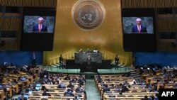 Miguel Díaz-Canel se dirige a la 78 Asamblea General de Naciones Unidas, en New York, el 19 de septiembre de 2023. (Photo by TIMOTHY A. CLARY / AFP)
