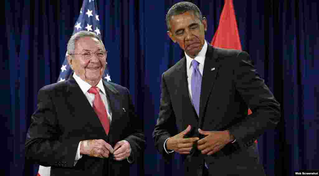 Barack Obama y Rául Castro luego de una reunión en la sede de la ONU el 29 de septiembre de 2015.&nbsp;