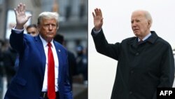 Combinación de fotos de Donald Trump, en New York, el 11 de enero de 2024, y Joe Biden, en Maryland, el 5 de marzo de 2024. (John Lamparski y Mandel Ngan/AFP)