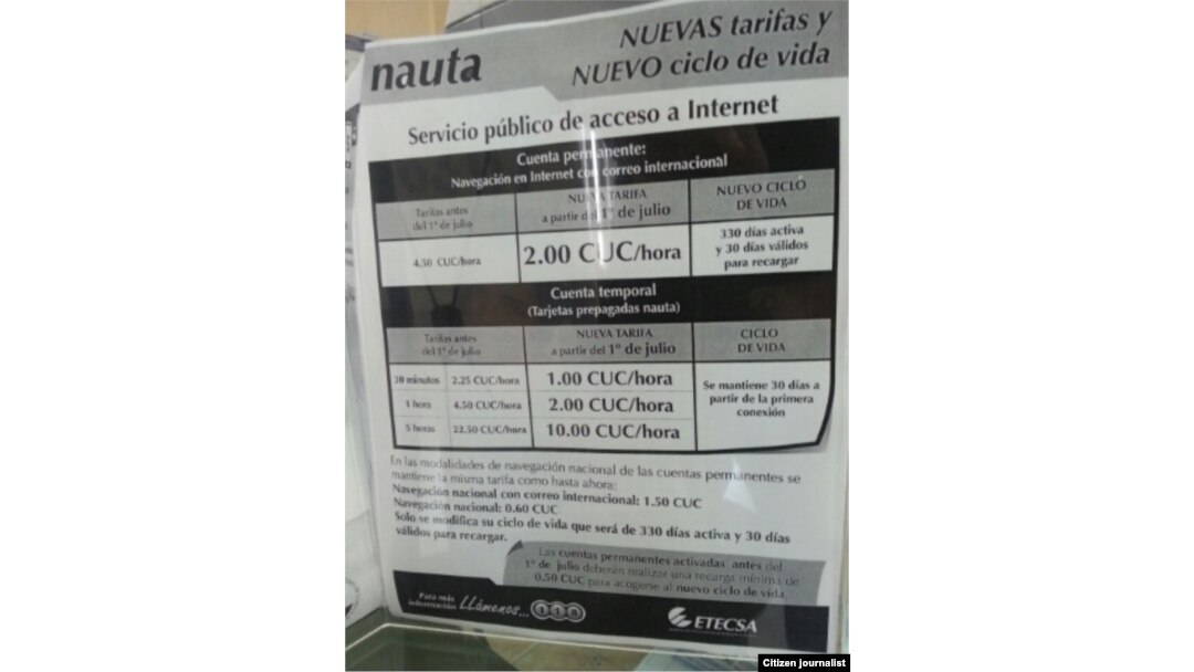 Tarifas para acceso a internet en Cuba. Foto: José Ernesto Estrada.