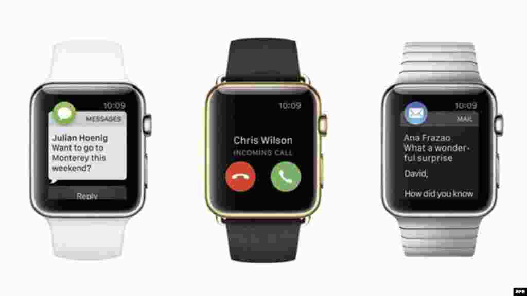 Fotografía facilitada por el gigante tecnológico Apple que muestra distintos modelos del reloj de pulsera inteligente Apple Watch durante una rueda de prensa que la compañía ha ofrecido en San Francisco, California.