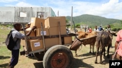 Voluntarios de Cáritas trasladan ayuda humanitaria de EEUU en carreta de bueyes por crisis energética en Cuba. 
