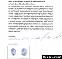 Carta de Aldo Rosales Montoya donde admite falsa acusación contra Magdariaga.