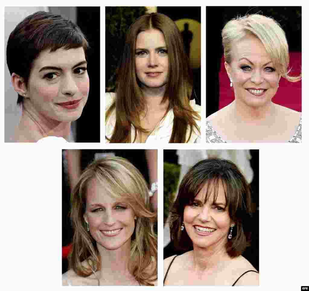 Oscar mejor actriz secundaria. Anne Hathaway por Los Miserables; Amy Adams por The Master; Jacki Weaver por El lado bueno de las cosas; Helen Hunt por Las sesiones y Sally Field por Lincoln.