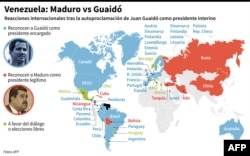 Mapamundi con las reacciones internacionales tras la autoproclamación de Juan Guaidó como presidente interino de Venezuela.